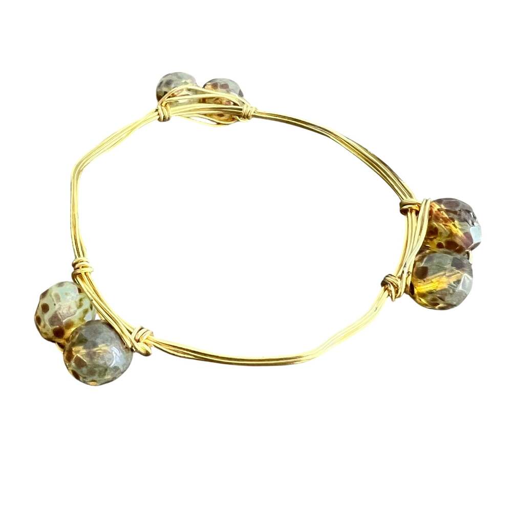 Handmade artisan glass or stone bead gold wire wrapped metallic bangle bracelet